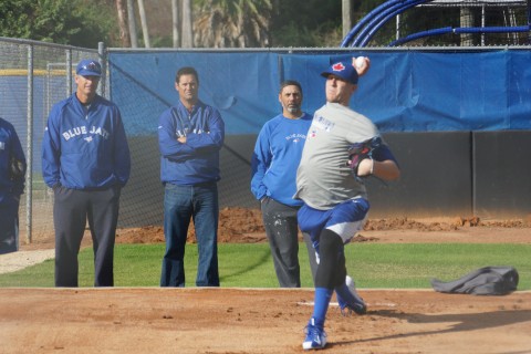 Dane Johnson (left) with Jeff Ware and Vince Horsman watching Jeff Hoffman throw a bullpen in Dunedin. Johnson was selected with the Blue Jays first pick in 1984 when the Jays didn't have a first pick -- like last year. Photo: Eddie Michels.