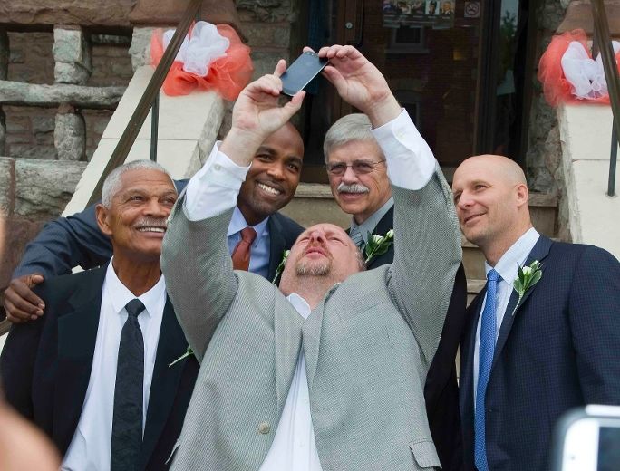 Matt Stairs takes a selfie of the Canadian Baseball Hall of Fame inductees on the steps of the St. Marys town hall. A Philadelphia Phillies broadcaster Stairs was asked by his producers to send in highlights of the day to be shown during the Phillies game. 