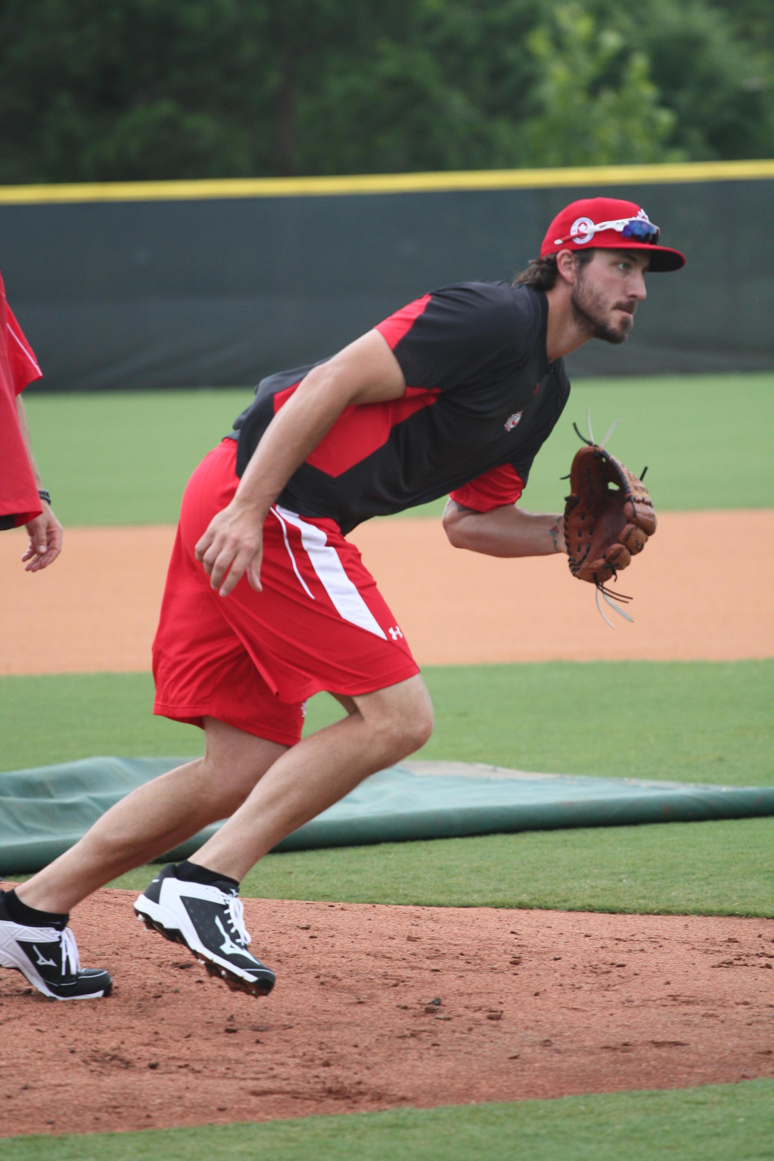 RP Phillippe Aumont (Gatineau, Que.) during pitcher's fielding practice before playing Team USA. Photo: Baseball Canada. 