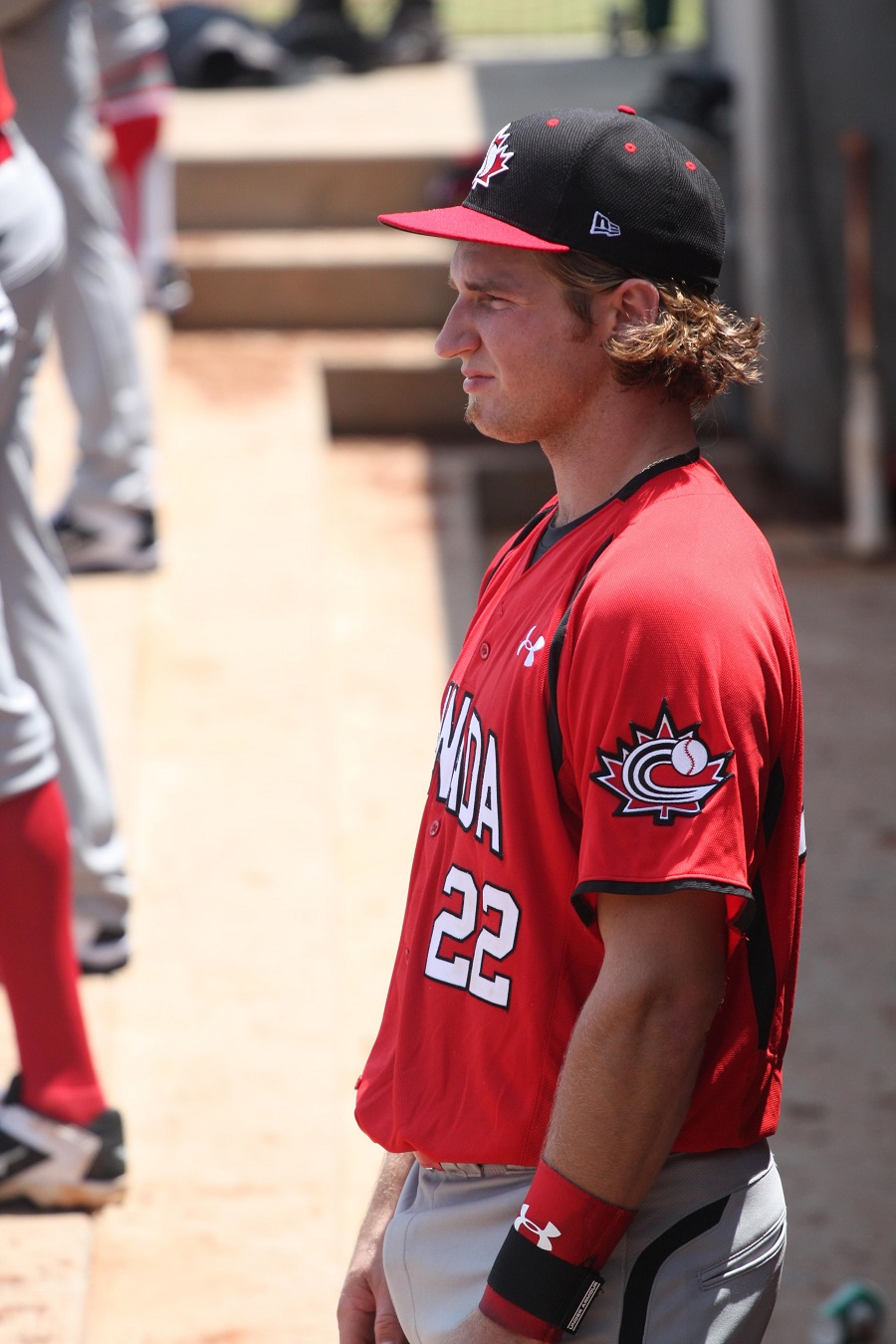 C Kellin Deglan (Langley, BC) caught RHP Shawn Hill for three hitless innings and homered in the first warm-up game against Team USA. Photo: Baseball Canada.