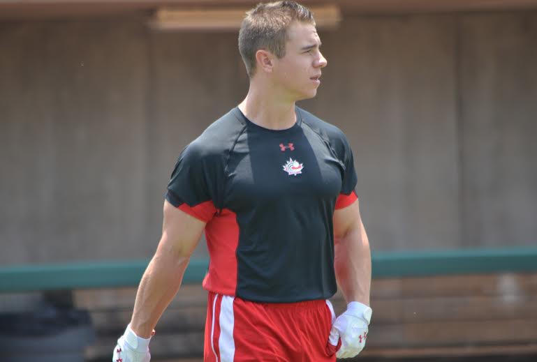 OF Tyler O'Neill (Maple Ridge, BC) wanted to grow to be like Larry Walker ... he's on his way ... now Walker is his hitting instructor with Team Canada's Pan Am Games team. Photo: Alexis Brudnicki.