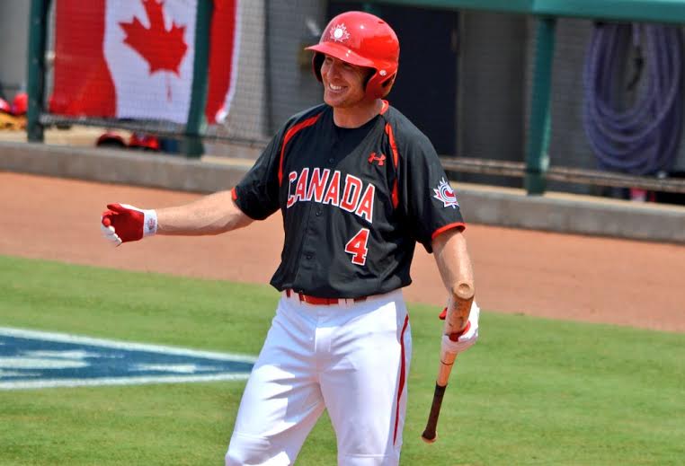 3B Peter Orr had the rare chance to play in his own back yard. He tripled in his first at-bat to get Canada off to a good start against the Dominican Republic in Ajax. Photo: Alexis Brudnicki.