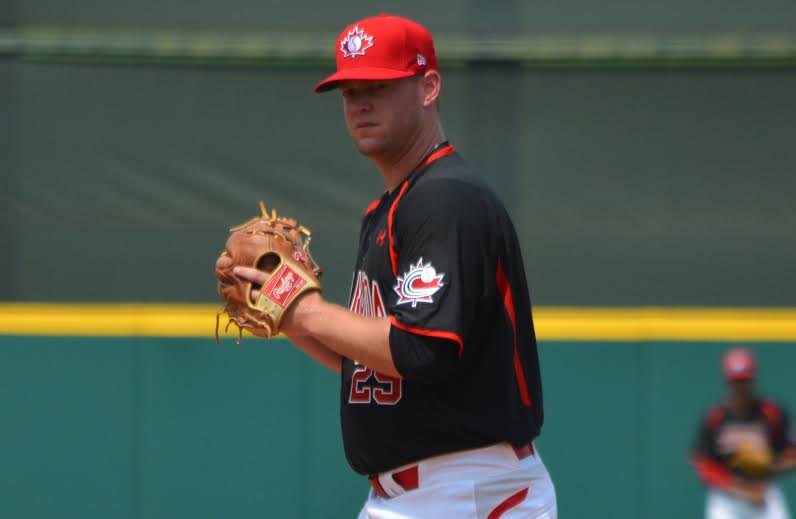 RHP Jared Mortensen (Abbottsford, BC), shown here in Cary, NC, pitched seven innings in a 10-3 win over Columbia to move to 2-0 in the Pan America Games. Photo: Alexis Brudnicki.