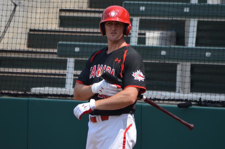 DH Brock Kjeldgaard (London, Ont.) went 4-for-4 with a homer in an 11-4 Canada win over Puerto Rico to clinch first place. Photo: Alexis Brudnicki.