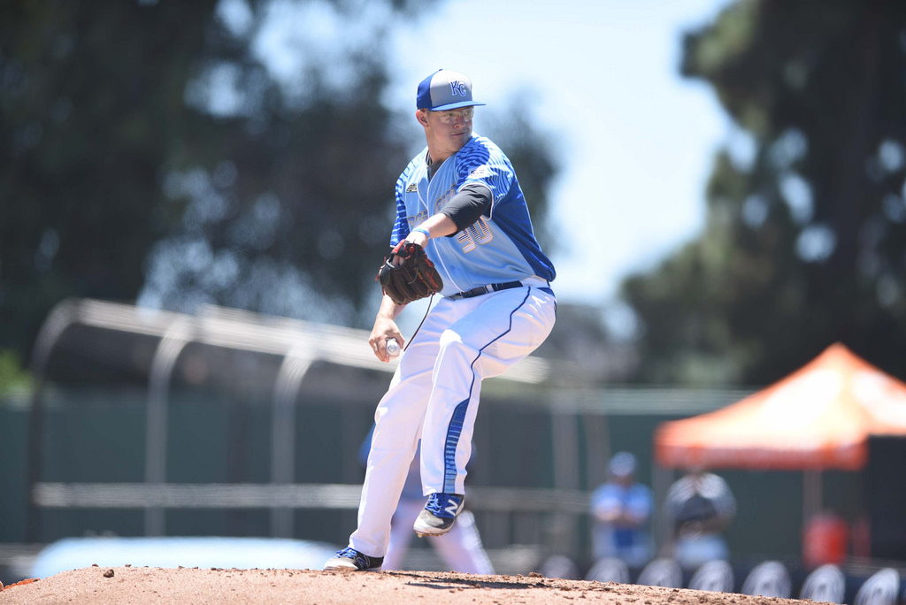 RHP Josh Burgmann (Nanaimo, BC) of the Vauxhall Academy Jets had two outings for the Kansas City Royals scout team at the Area Code Games in Long Beach, Calif. Photo: Student Sports.