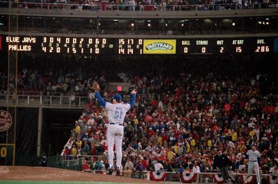 RP Duane Ward celebrates after the final out of the Blue Jays 15-14 win over the Philadelphia Phillies in Game 4 of the 1993 World Series.