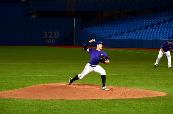 RHP Carson Perkins (Bienfalt, Sask.) of the Vauxhall Academy Jets pitched the win for Prairiies Purple. Photo Credit: Jonathan Soveta