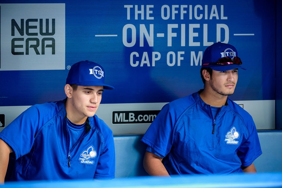RHPs Oscar Rodriguez ((St-Leonard, Que.) and Vincent Beauregard (Laval, Que.) of Orioles de Montreal together again at T12. Photo: Michele Prata.