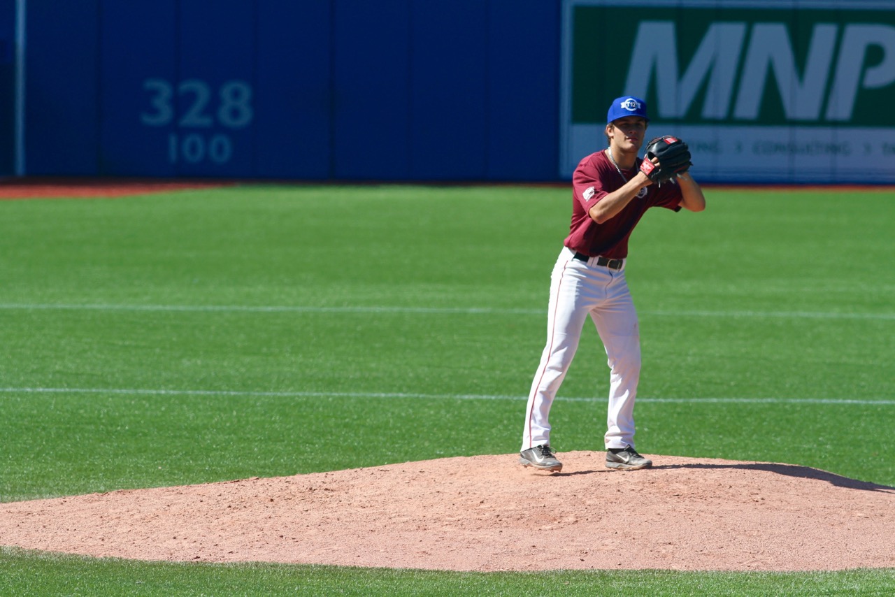 Atlantic Maroon starter Dom Tardif (Dieppe, NB) of the Metro Mudcats was outstanding against Quebec Blue. Photo: Tyler King/Canadian Baseball Network.