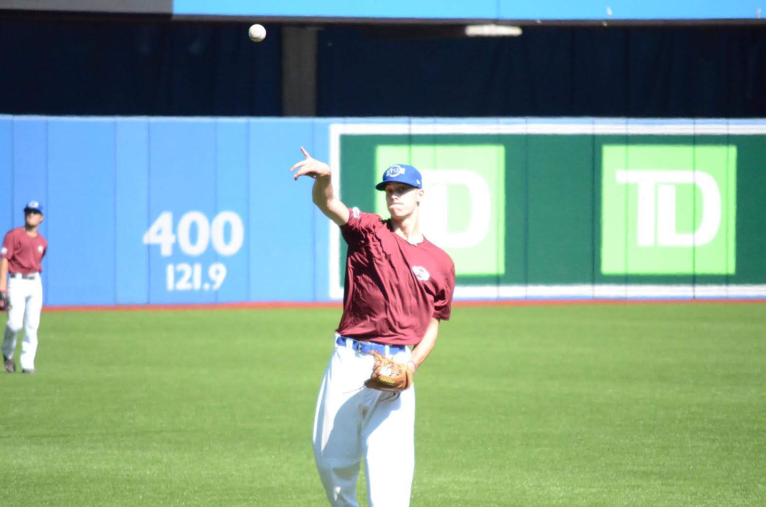 Pascal McCarthy (Fredericton, NB) of the Fredericton Royals, warms up before an Atlantic Maroon game at Rogers Centre. Photo: Mitch Sanderson