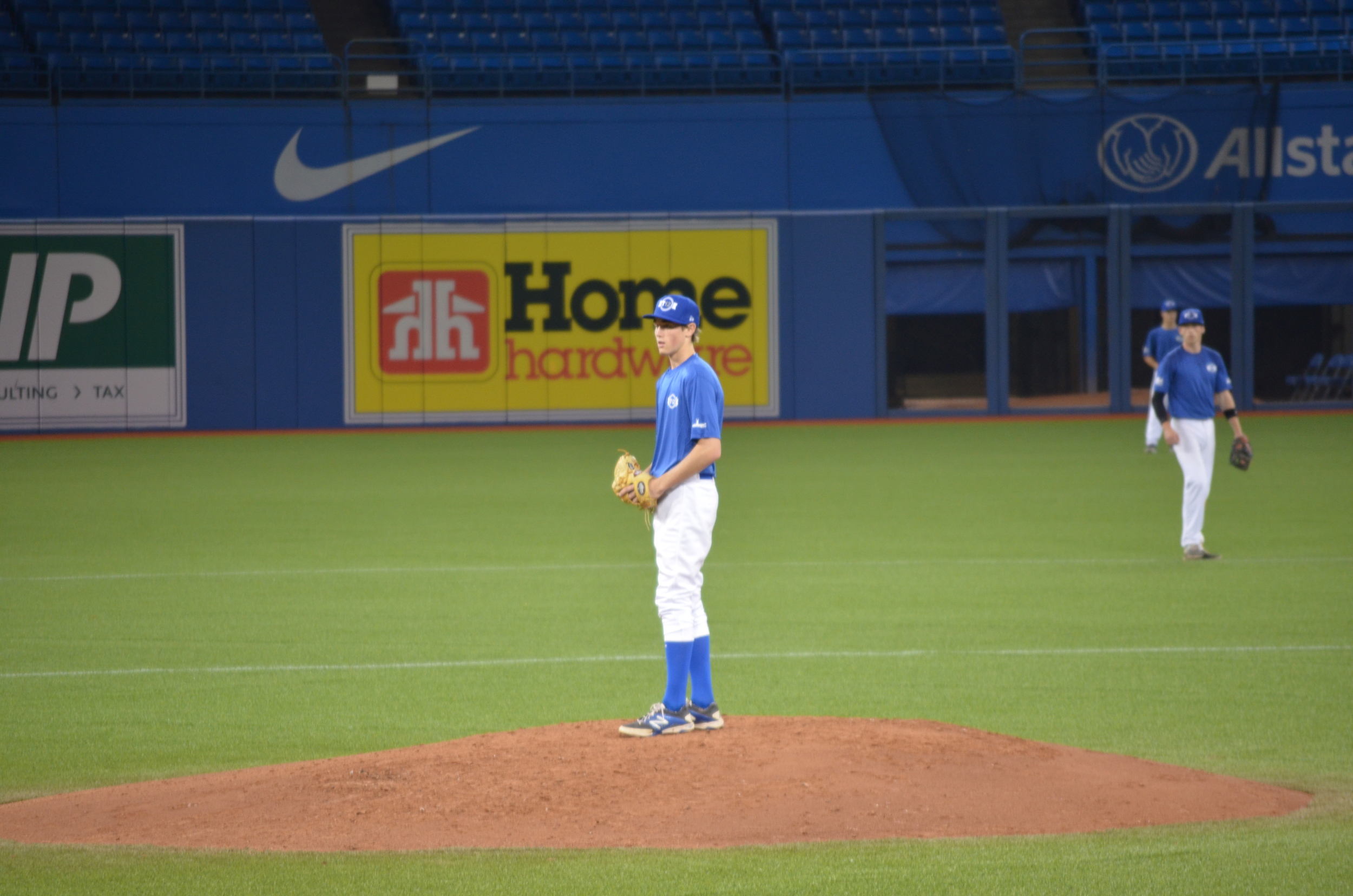 Mathew Deneault-Gauthier (Candiac, Que.) prepares to deliver a pitch to the Futures Navy squad in the midst of his no-hitter. Photo Credit: Daniel Goffenberg&nbsp;