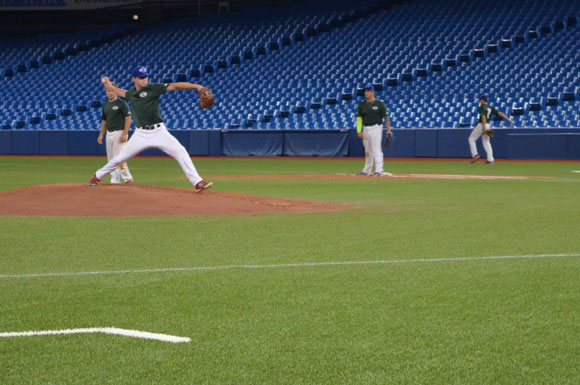 Garner's brother Hunter Spoljaric (Lisle, Ont.) of the Great Lake Canadians, throws a pitch against Prairies Purple. Photo Credit: Leah Smith