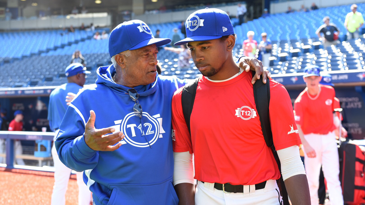 Sandy Alomar explains the finer points to Kobe Hyland (Calgary, Alta.) Photo: Michele Prata.