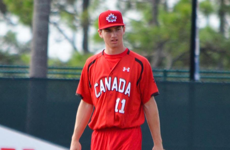 Adam Hall (London, Ont.) singled in the seventh as the Canadian Junior National Team lost 12-2 to first and second year Atlanta Braves prospects. Photo: Alexis Brudnicki.