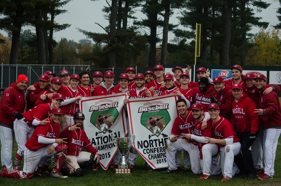 McGill celebrates repeats as CCBA champs with a 4-1 win over Carleton. Photo: Max Rosenstein, courtesy McGill Athletics.