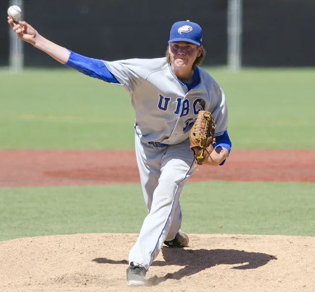 UBC Thunderbirds RHP Curtis Taylor (Coquitlam, BC) did what players are supposed to do on scout day: he impressed scouts ... with a fastball in the mid ‘90s. Photo: Wilson Wong, UBC athletics.