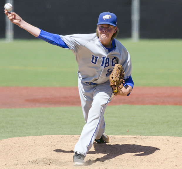 UBC Thunderbirds RHP Curtis Taylor (Coquitlam, BC) did what players are supposed to do on scout day: he impressed scouts ... with a fastball in the mid ‘90s. Photo: Wilson Wong, UBC athletics.