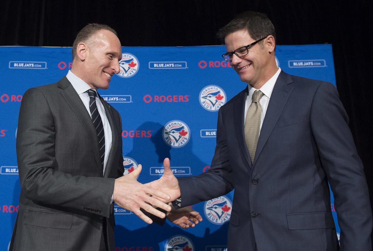 New Blue Jays president Mark Shapiro congratulates new Jays GM Ross Atkins.