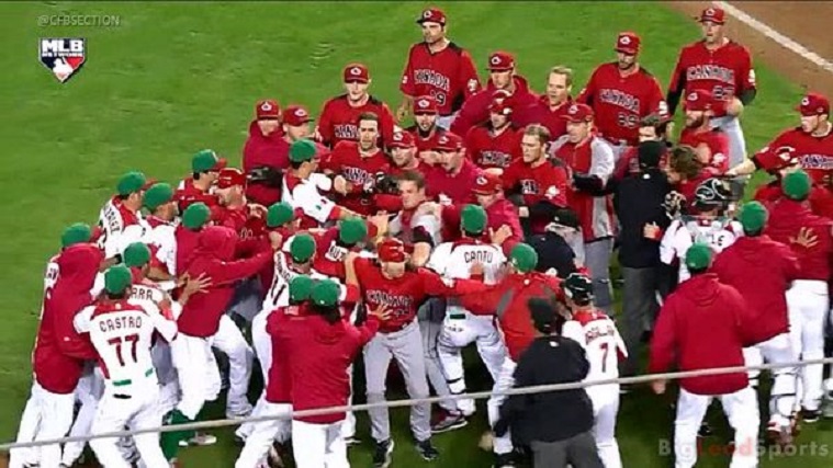 In the third base dugout/corner ... wearing red, white and green ... Mexico ... and in the red, white and black ... Canada. Arnold Leon plunked Rene Tosoni in the ninth in the 2013 WBC and the benches cleared in a scary brawl in Phoenix.