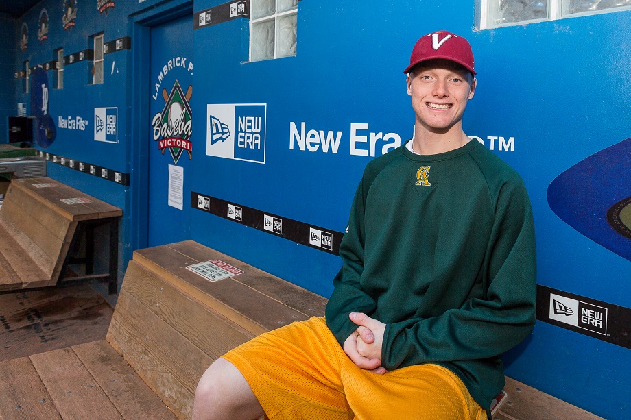 Brendan Turcotte (Victoria, BC) traded in the crimson and black of the Victoria Eagles and the dugouts of Lambrick Park, for the green and gold of the Vaqueros and the warmer climes of Central Arizona College in Coolidge, Az. south of Phoenix Photo: Christian J. Stewart/ISN.