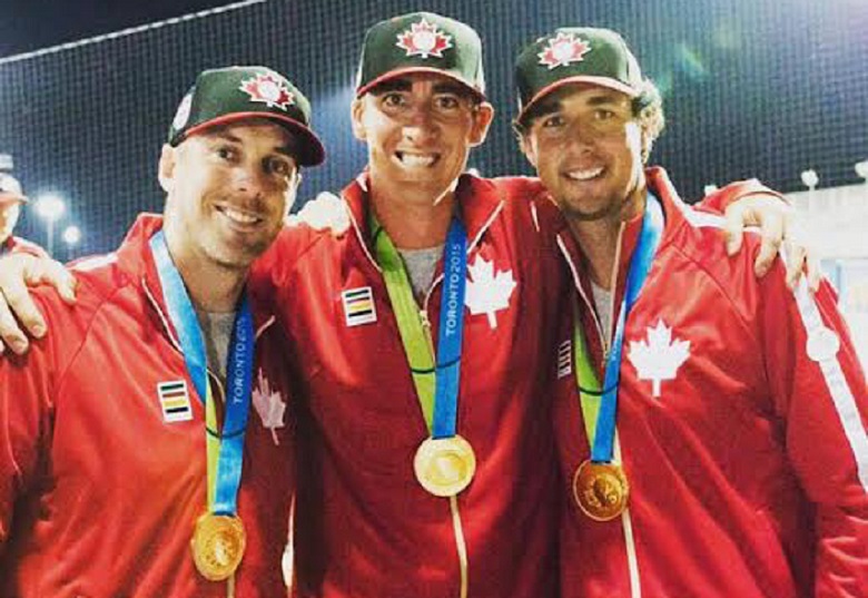 RHP Scott Richmond (North Vancouver, BC) middle, with his gold medal winning Team Canada teammates Shawn Hill (Georgetown, Ont.) left, and Jeff Francis (North Delta, BC). Photo Bob Richmond.