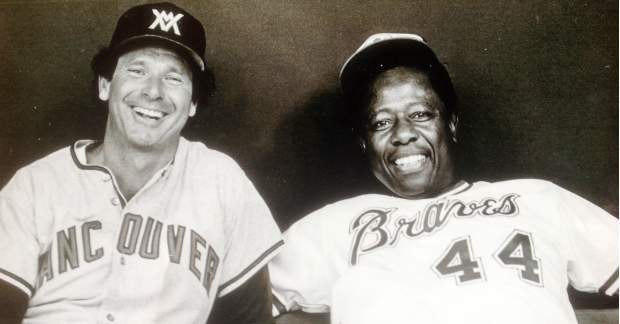 Wayne Norton and Hank Aaron relax during the 1983 Legends Game at BC Place Stadium.