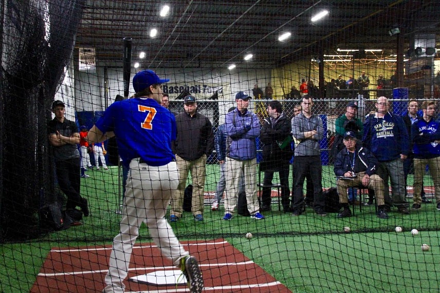 Matt Turino (Scarborough, Ont.) of the Toronto Mets takes his hacks at the Major League Scouting Bureau camp held at The Baseball Zone in Mississauga. Photos: Tyler King. 