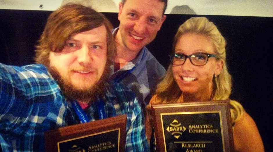 Gregory J. Matthews, left and Ben Baumer co-winners of the Contemporary Baseball Analysis Award, along with Alexis Brudnicki, winner of the Contemporary Baseball Commentary award at the fifth annual SABR Analytics Conference in Phoenix, Az.