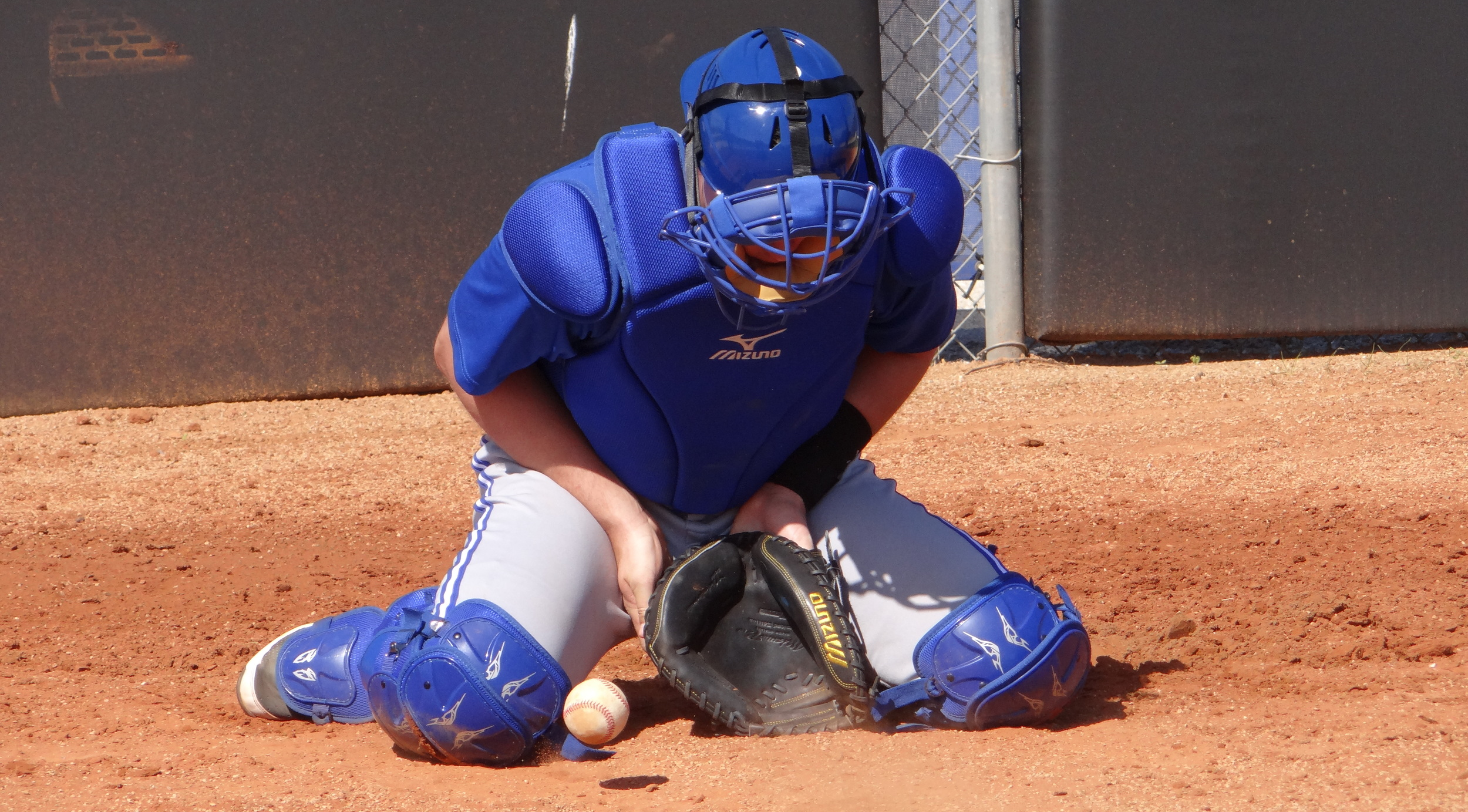 Owen Spiwak practices blocking baseballs at spring training. Photo: Jamie Johnstone