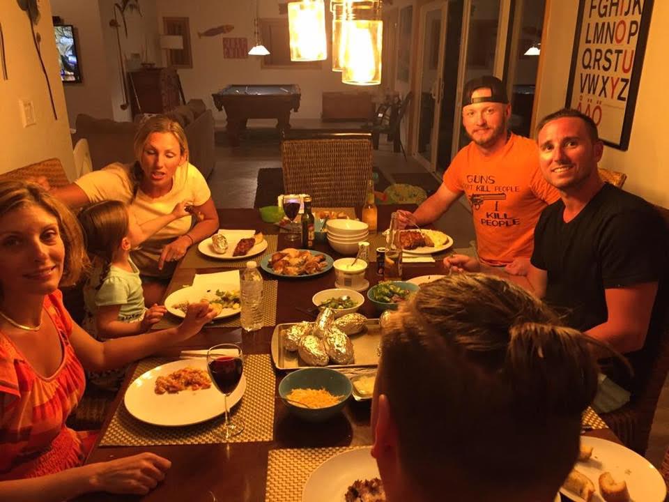 Around the diner table this spring on Tyler Johnstone (right) visits with former teammate Josh Donaldson. On the left side (top to front) are Johnstone’s wife Jen, their daughter Chloe and Johnstone’s step mom Cecilia. And that’s Johnstone’s brother Jeremy with his back to the camera with the man bun. 