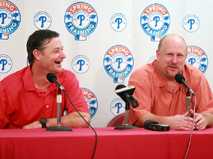 Jamie Moyer, left, with Matt Stairs, part of the Phillies broadcast crew. Stairs will be hitting coach in 2017.