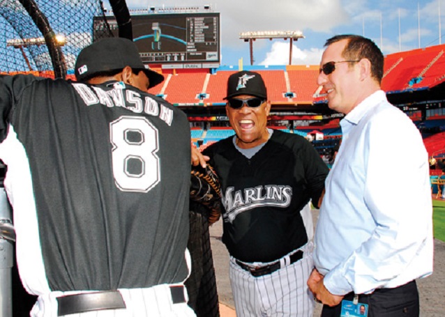 Hall of Famers Andre Dawson, left, Tony Perez, centre and Marlins VP P.J. Loyello.