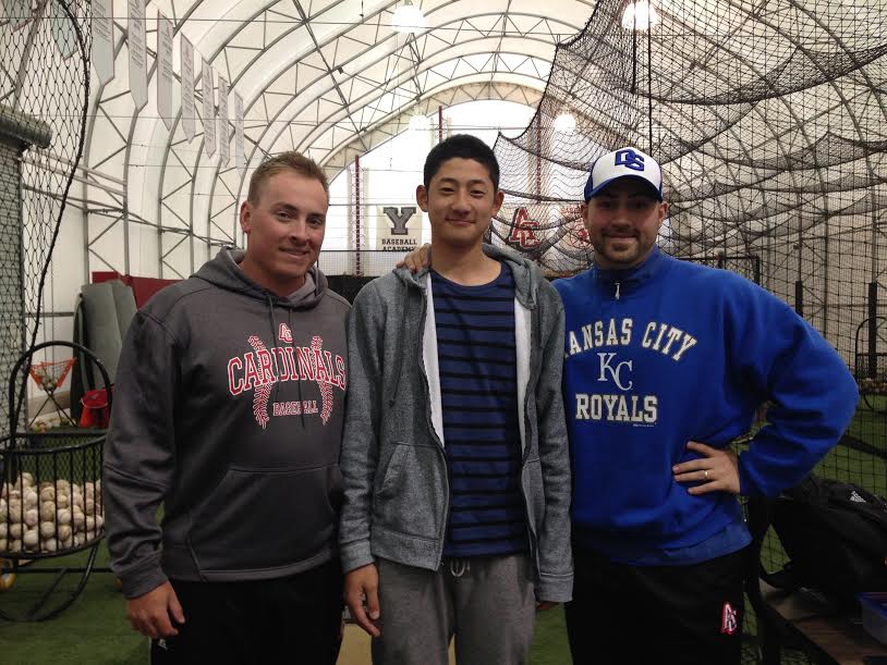 The first day LHP Taisei Yahiro (middle) arrived from Osaka Japan he visited former head coach Derek Florko and current coach Corey Eckstein at the Abbotsford Cardinals indoor facility. Eckstein is a scout for the Kansas City Royals. 