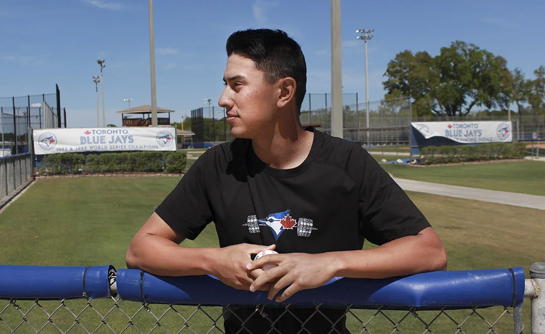 Quincy University grad Graham Spraker, pictured here at the Bobby Mattick Training Complex in Dunedin, Fla., posted a 1.62 ERA in 19 appearances for the Rookie-ball Bluefield Blue Jays in 2017. Photo Credit: Karan Gill