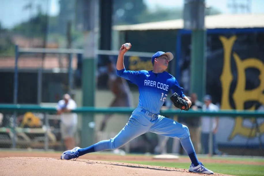 RHP David Rhodes pitching at the Area Codes Games in Long Beach. 