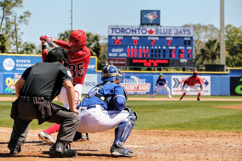 Damiano Palmegiani (Surrey, B.C.) hats against the Toronto Blue Jays in a spring training game. Palmegiani, a Western Major Baseball League alum, was selected in the 35th round by the Blue Jays in the 2018 MLB Draft. Photo Credit: Amanda Fewer