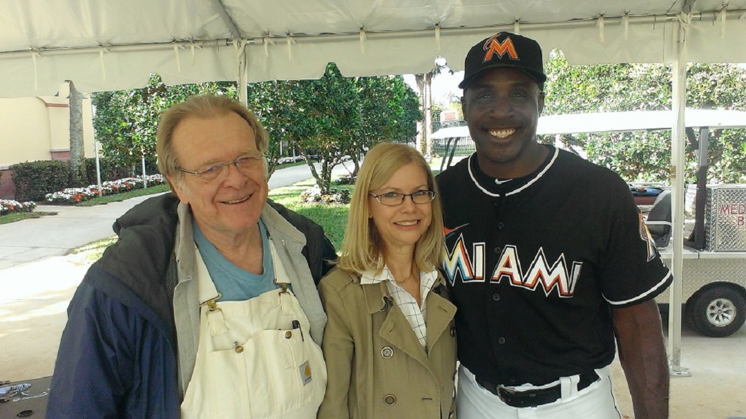 Sam Bat founder Sam HHolmer, CEO Arlenne Anderson and Sam Bat masher and used Barry Bonds when he was hitting coaach of the Miami Marlins.