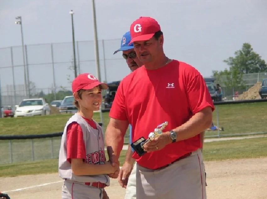 Cincinnati Reds scout Billl Byckowski (Georgetown, Ont.) presenting a trophy to his Georgetown Eagles CF Mark Jankowski in 2007 after a Brampton tourney. Byckowski is the Canadian Baseball Network 2018 Scout of the year and winner of the Jim Ridley award. Jankowski grew up to be a first-round pick of the Calgary Flames.