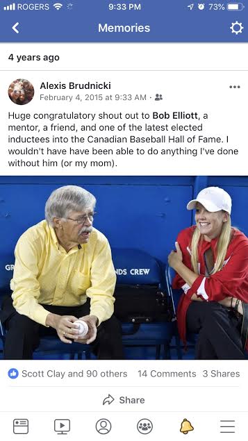 Alexis and Bob waiting in the Rogers Centre photographer’s well … prior to Bob throwing out the first pitch to Jays INF Omar Vizquel during the 2012 seaso
