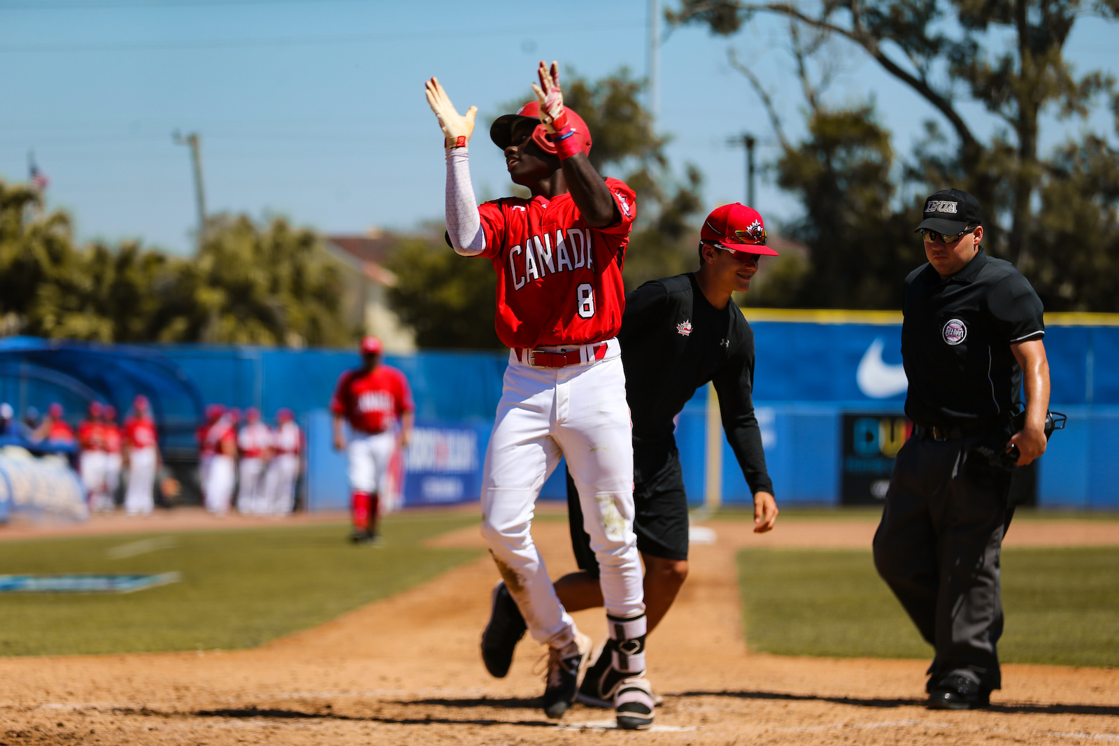 Ontario Blue Jays outfielder Dasan Brown (Oakville, Ont.) homered and went 3-for-4 for the Junior National Team in their annual exhibition game against the Toronto Blue Jays at Dunedin Stadium on Saturday. Photo: Amanda Fewer