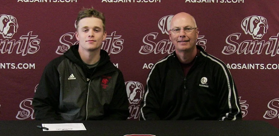 London Badgers grad Troy Lofgren (London, Ont.), on the left, batted .333 with a home run and five RBIs in three games for the Aquinas Saints. Photo: Aquinas Saints Athletics
