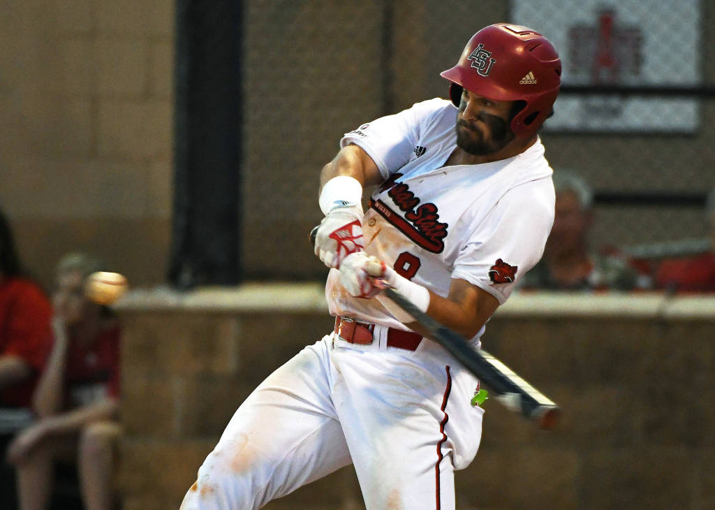 Ontario Terriers alum Kyle MacDonald (Mississauga, Ont.) had five hits, three walks, and four RBIs to help Arkansas State sweep a three-game series against Appalachian State. Photo: Arkansas State Athletics