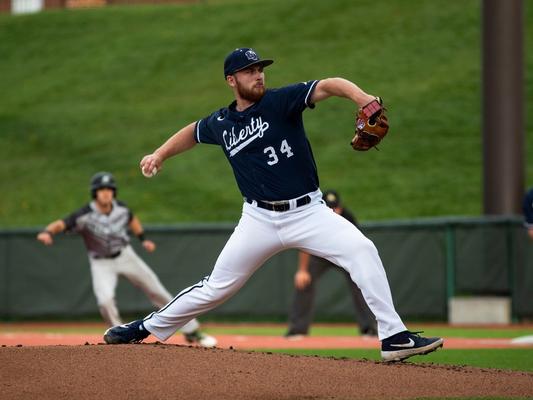 Great Lake Canadians and Ontario Blue Jays alum Noah Skirrow (Stoney Creek, Ont.) tossed 7 1/3 scoreless innings and picked up a win in two appearances - including one start - for the Liberty Flames this past week. Photo: Liberty University Athletics