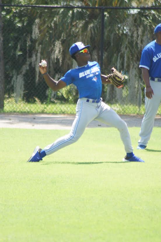 OF Dasan Brown (Oakville, Ont.) has switched from an Ontario Blue Jays uniform to a Toronto Blue Jays one. The top Canadian selected this year is in Dunedin. Photo: Eddie Michels.