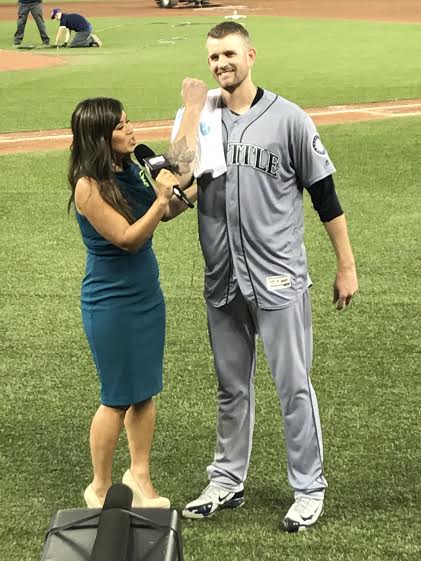 Ladner, B.C., native James Paxton, shown here with Sportsnet’s Hazel Mae, after throwing a no-hitter at Rogers Centre for the Seattle Mariners on May 8, 2018 will be presented with the Canadian Baseball Hall of Fame’s Tip O’Neill Award prior to Friday’s game at Rogers Centre.