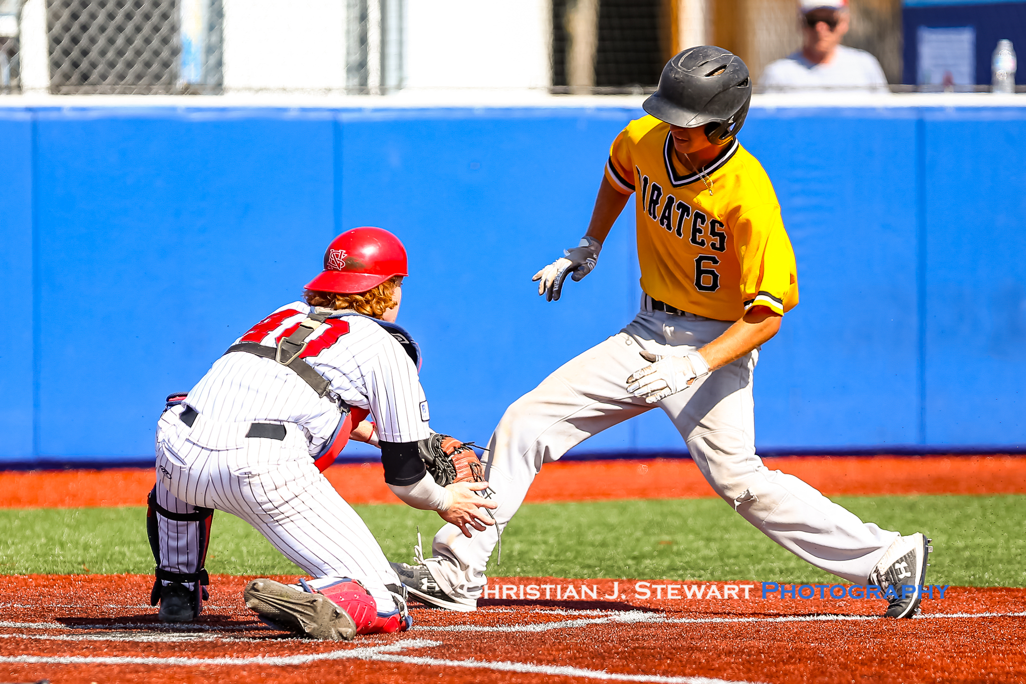 Pirates baserunner Josh Hill is a dead duck at home plate as Twins catcher Ben Columbus gets set to make the tag. Photo: Christian J. Stewart.