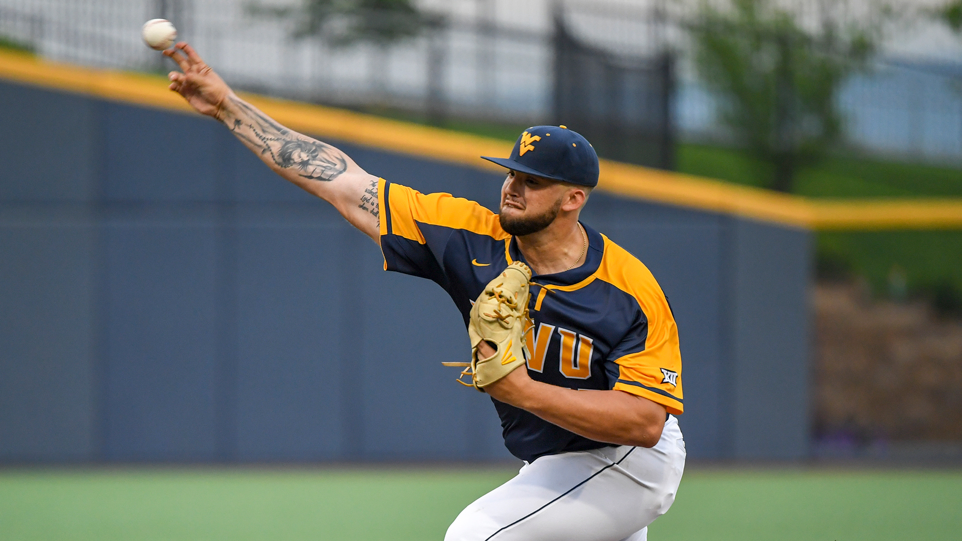 The Toronto Blue Jays selected right-hander Alek Manoah with their first pick in the 2019 MLB draft. He is shown here pitching for West Virginia University. Photo: West Virginia Athletics