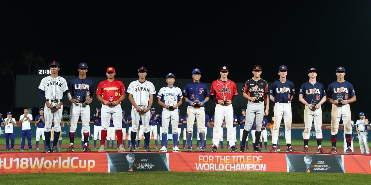 The All-World Team from this year’s WBSC 18-U Baseball World Cup. Ontario Terriers infielder Austin Gomm (Mississauga, Ont.) was named the shortstop on the All-World Team. He is the fifth player from the right. Photo: Baseball Canada
