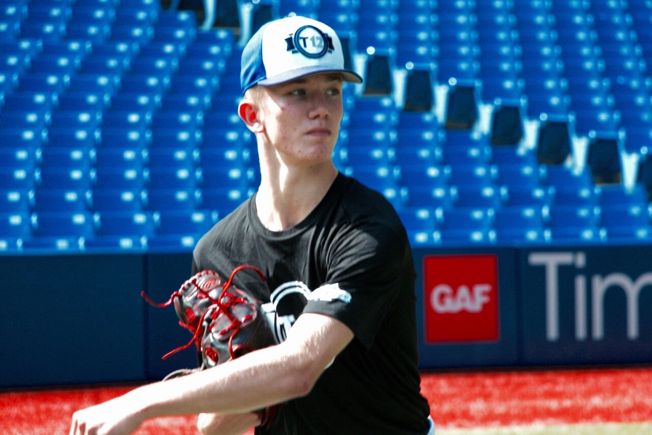 Saskatoon Brewers left-hander Carson Hindmarsh (Saskatoon, Sask.) hurled two scoreless innings for Team Black in his Tournament 12 debut on Thursday. Photo: PBR Ontario/Twitter
