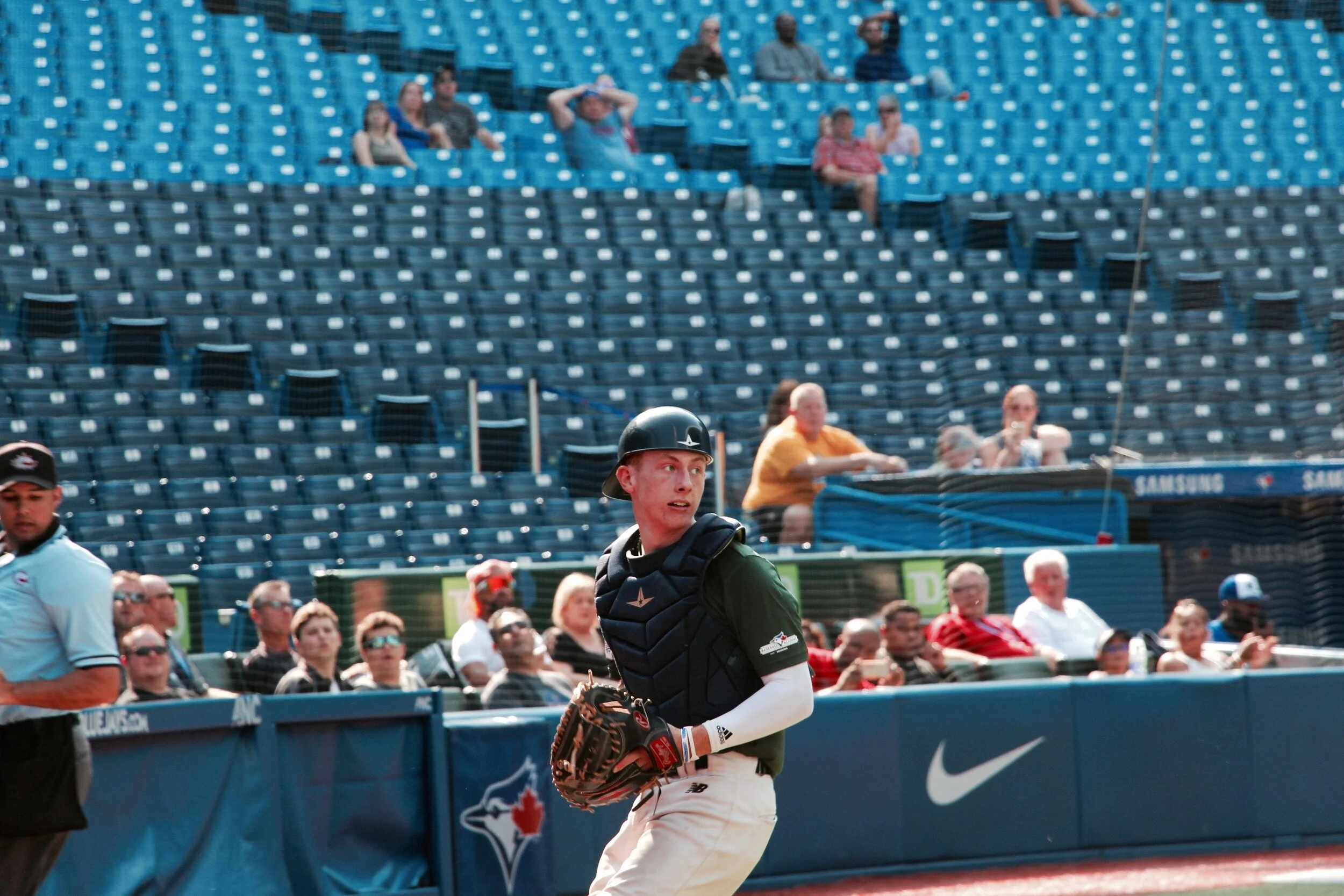 Langley Blaze C Russell Young (Surrey, B.C.) was not only solid defensively behind the plate for Team Roberto Alomar, but he also delivered a key hit that drove in three runs in the fifth inning for his squad. Photo: Tyler King.